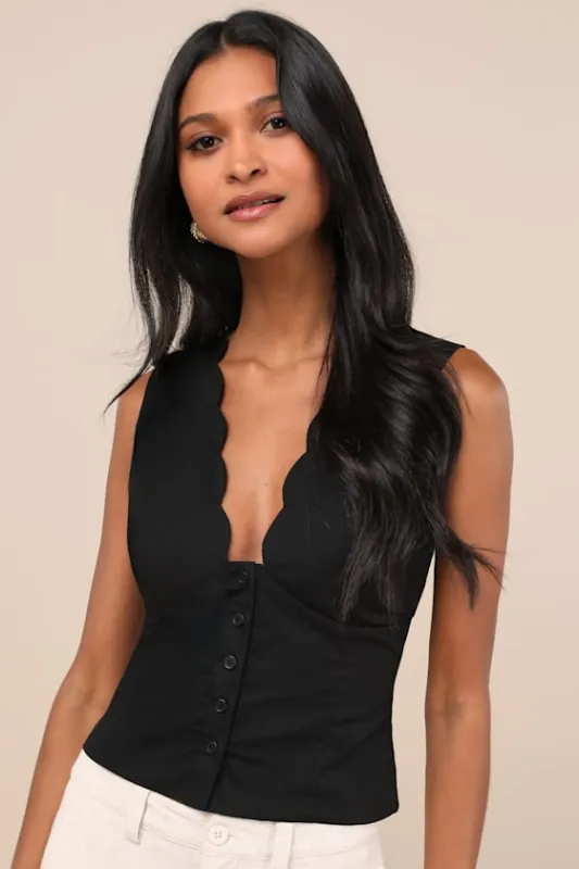 Seasonally Lovely Black Scalloped Button-Front Top sold by Lulus