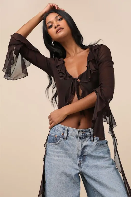 Whimsical Essence Dark Brown Ruffled Tie-Front Bell Sleeve Top made by Lulus
