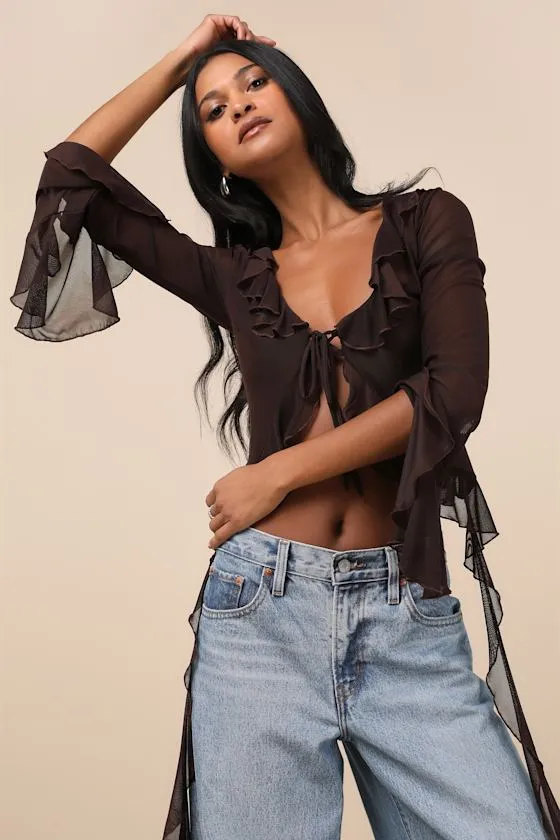 Whimsical Essence Dark Brown Ruffled Tie-Front Bell Sleeve Top sold by Lulus