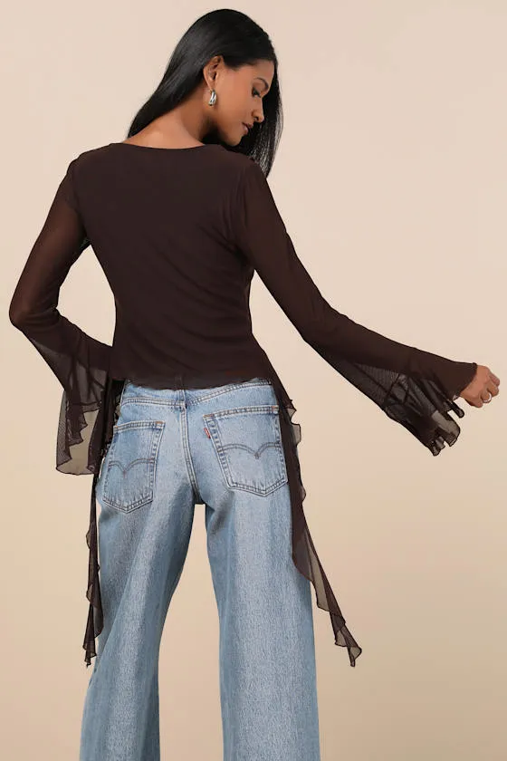 Whimsical Essence Dark Brown Ruffled Tie-Front Bell Sleeve Top sold by Lulus product image thumbnail 2