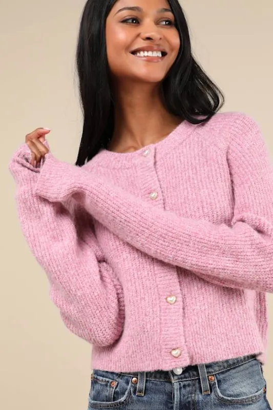 Coziest Crush Pink Marled Heart Button Cardigan sold by Lulus