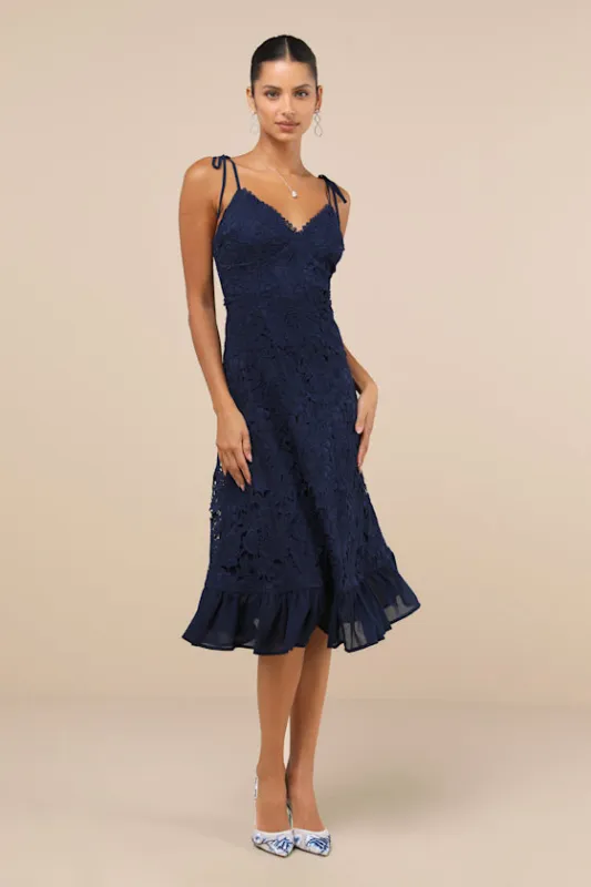 Compelling Sweetness Navy Blue Lace Tie-Strap Midi Dress sold by Lulus