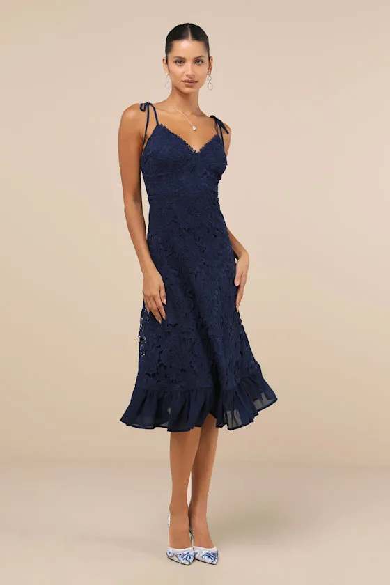 Compelling Sweetness Navy Blue Lace Tie-Strap Midi Dress sold by Lulus