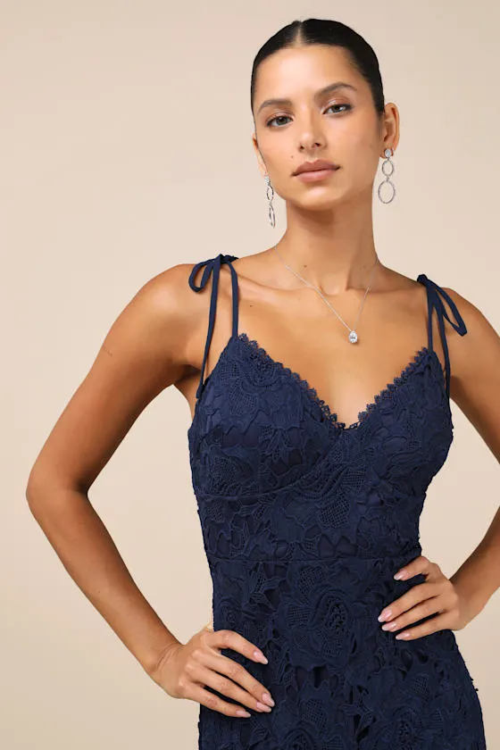 Compelling Sweetness Navy Blue Lace Tie-Strap Midi Dress sold by Lulus product image thumbnail 2
