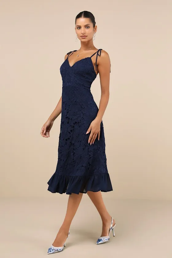Compelling Sweetness Navy Blue Lace Tie-Strap Midi Dress sold by Lulus product image thumbnail 3