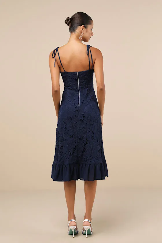 Compelling Sweetness Navy Blue Lace Tie-Strap Midi Dress sold by Lulus product image thumbnail 4