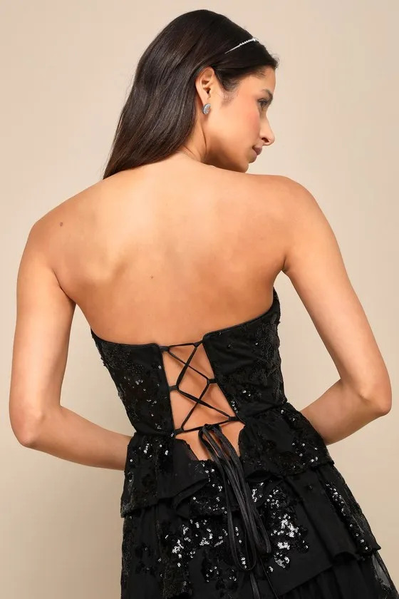 Definite Glamour Black Sequin Strapless Bustier Maxi Dress sold by Lulus product image thumbnail 4