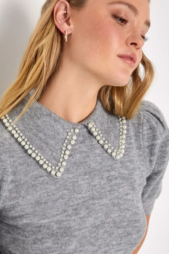 Classy Sophistication Heather Grey Pearl Collar Sweater Top sold by Lulus