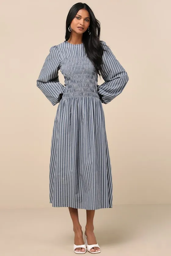 Ayla Blue Striped Smocked Blouson Sleeve Midi Dress sold by Lulus