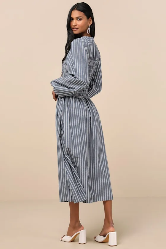Ayla Blue Striped Smocked Blouson Sleeve Midi Dress sold by Lulus product image thumbnail 2