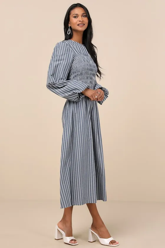 Ayla Blue Striped Smocked Blouson Sleeve Midi Dress sold by Lulus product image thumbnail 3
