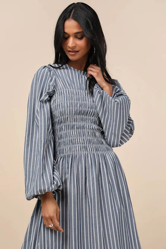 Ayla Blue Striped Smocked Blouson Sleeve Midi Dress sold by Lulus product image thumbnail 4