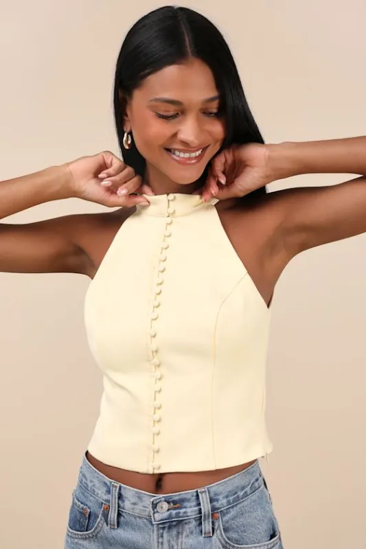 Chic Popularity Light Yellow Mock Neck Crop Top made by Lulus