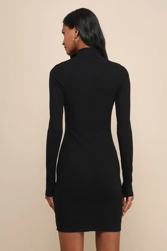 Dashing Black Ribbed Mock Neck Long Sleeve Bodycon Mini Dress sold by Lulus product image thumbnail 3