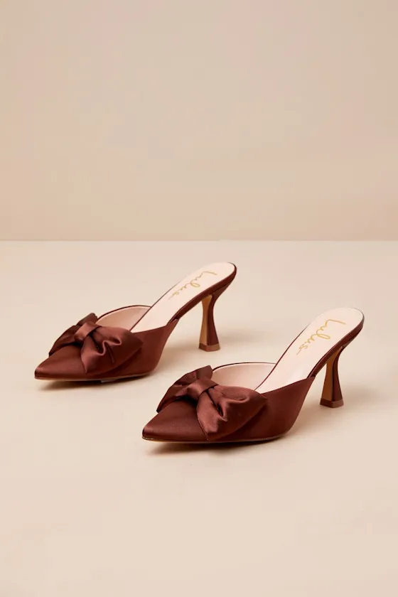 Bettanie Chocolate Satin Bow High Heel Mules sold by Lulus