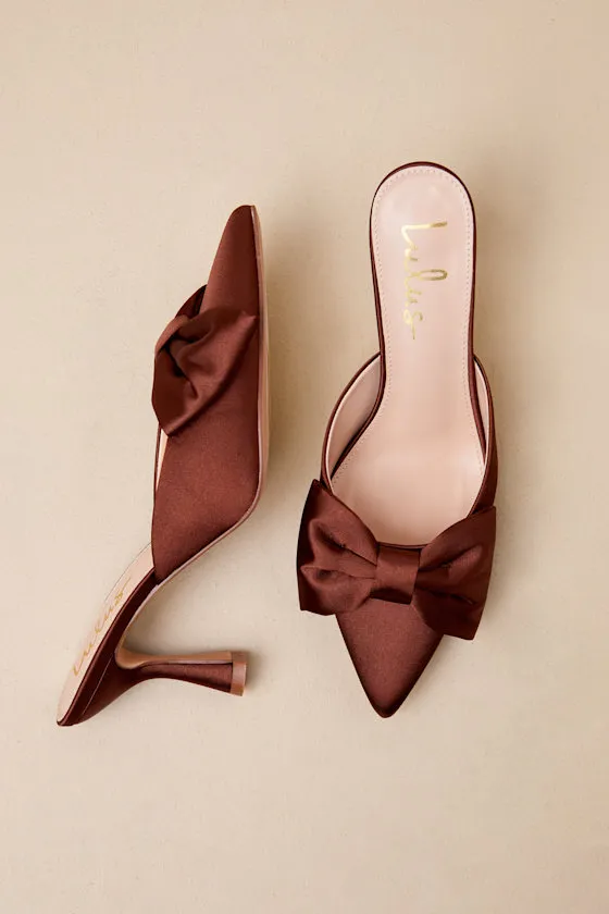 Bettanie Chocolate Satin Bow High Heel Mules sold by Lulus product image thumbnail 2