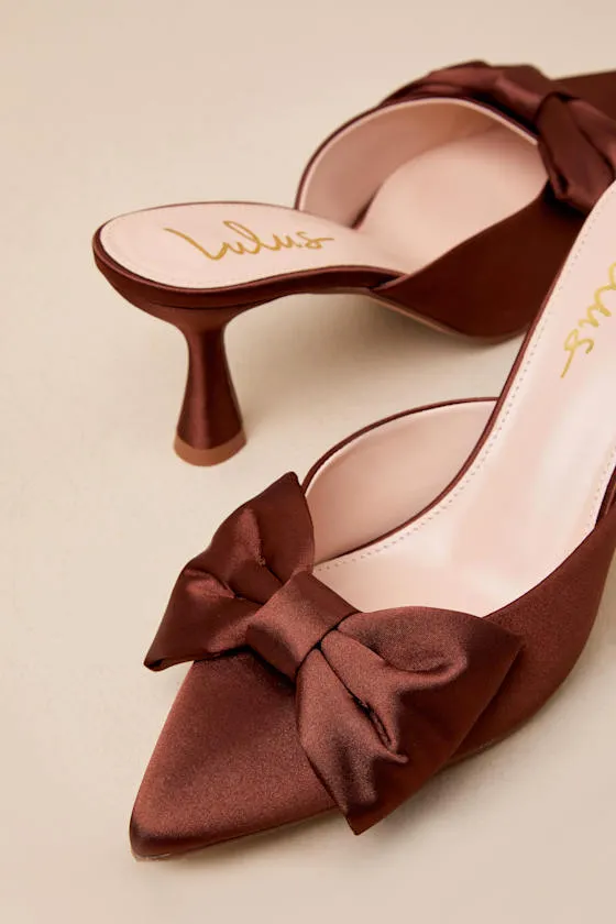 Bettanie Chocolate Satin Bow High Heel Mules sold by Lulus product image thumbnail 3