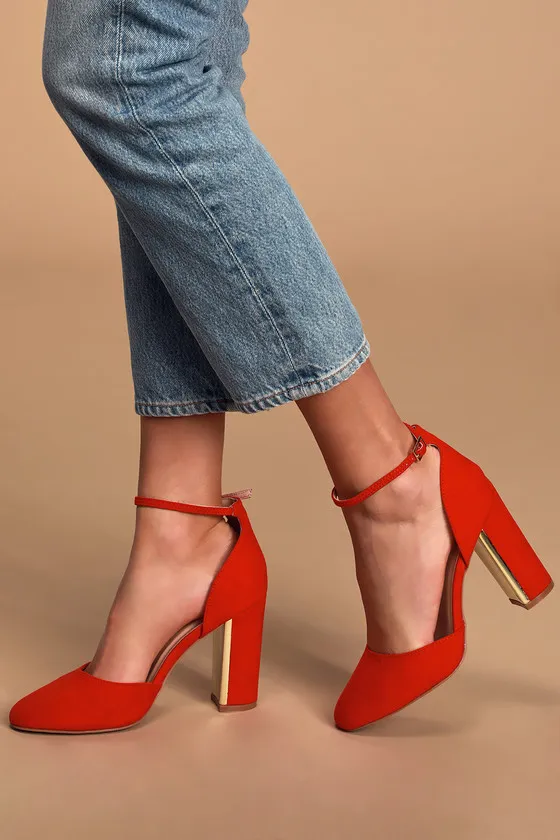 Laura Red Suede Ankle Strap Heels sold by Lulus