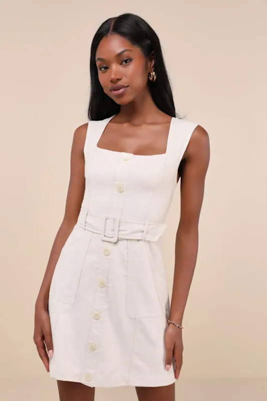 Modern Composure Beige Linen Belted Mini Dress With Pockets sold by Lulus