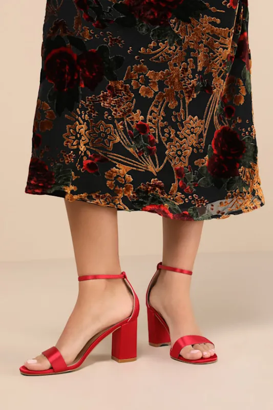 Arylee Red Satin Ankle Strap Heels sold by Lulus