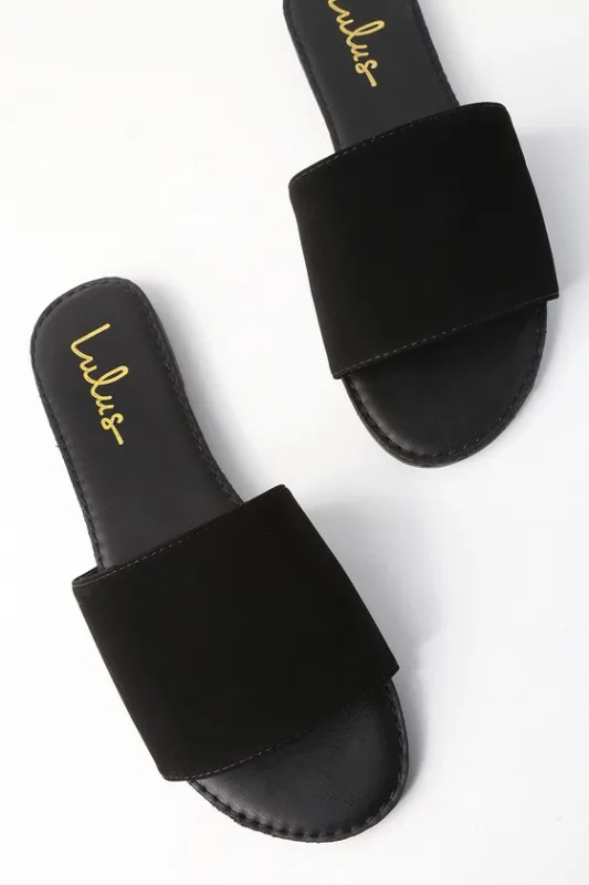 Addison Black Nubuck Slide Sandals sold by Lulus