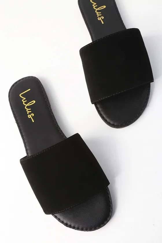 Addison Black Nubuck Slide Sandals sold by Lulus
