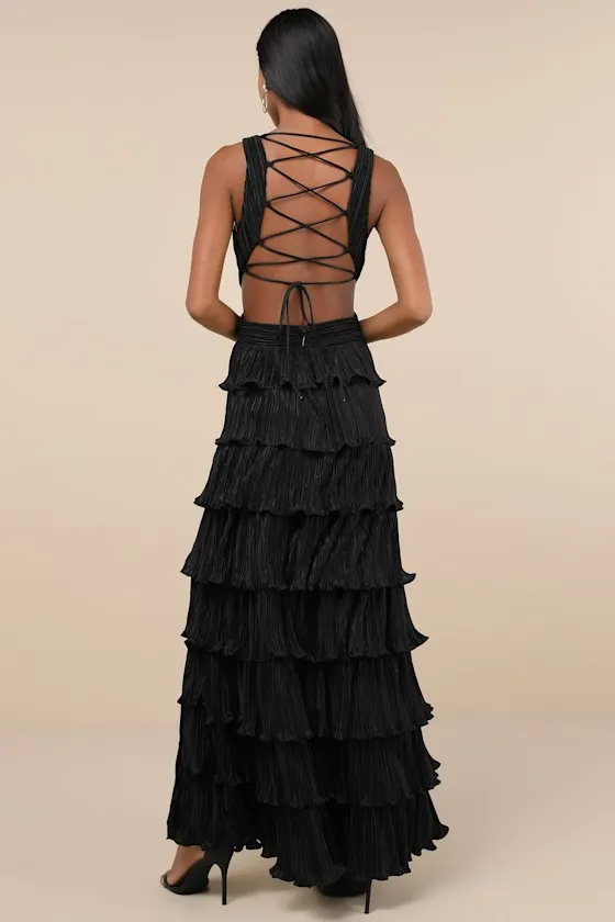 Beauty Icon Black Satin Pleated Tiered Lace-Up Maxi Dress sold by Lulus product image thumbnail 2