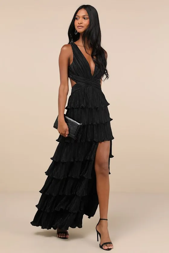 Beauty Icon Black Satin Pleated Tiered Lace-Up Maxi Dress sold by Lulus product image thumbnail 3