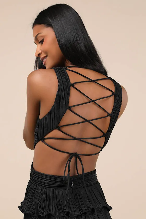 Beauty Icon Black Satin Pleated Tiered Lace-Up Maxi Dress sold by Lulus product image thumbnail 4