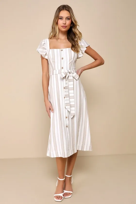 Mediterranean Moves White Striped Flutter Sleeve Midi Dress sold by Lulus