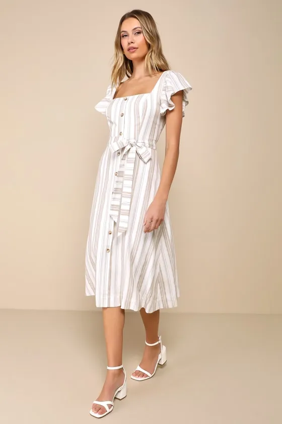 Mediterranean Moves White Striped Flutter Sleeve Midi Dress sold by Lulus product image thumbnail 4