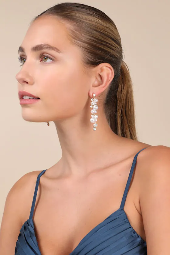 Eloquent Status Gold Pearl and Rhinestone Drop Earrings sold by Lulus
