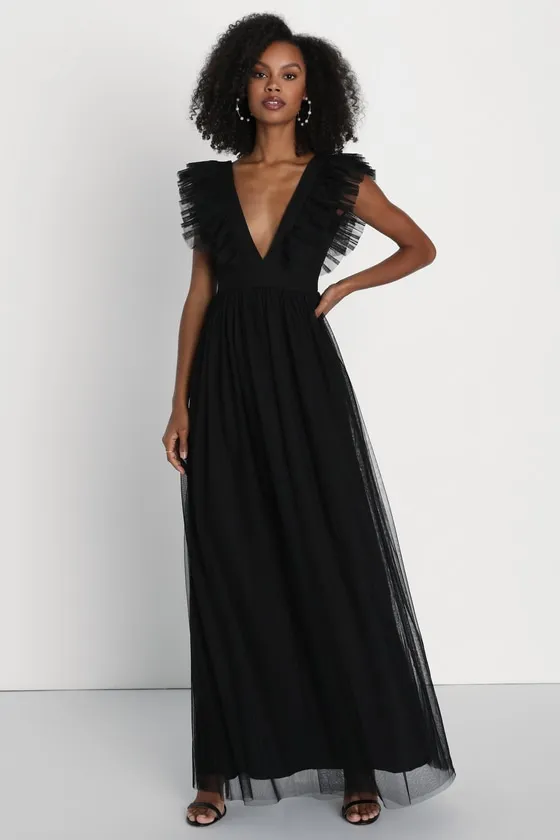 Simply Delighted Black Mesh Ruffled Backless Maxi Dress sold by Lulus