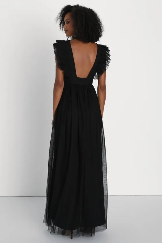 Simply Delighted Black Mesh Ruffled Backless Maxi Dress sold by Lulus product image thumbnail 2