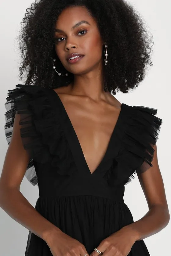 Simply Delighted Black Mesh Ruffled Backless Maxi Dress sold by Lulus product image thumbnail 3