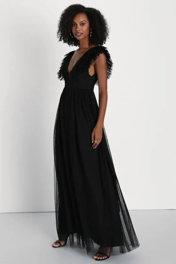 Simply Delighted Black Mesh Ruffled Backless Maxi Dress sold by Lulus product image thumbnail 4