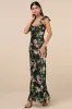 Captivating Grace Black Floral Satin Ruffled Maxi Dress sold by Lulus