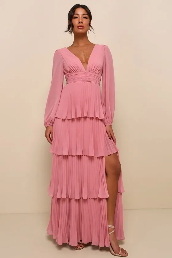 Graceful Finesse Dusty Rose Pleated Long Sleeve Maxi Dress sold by Lulus