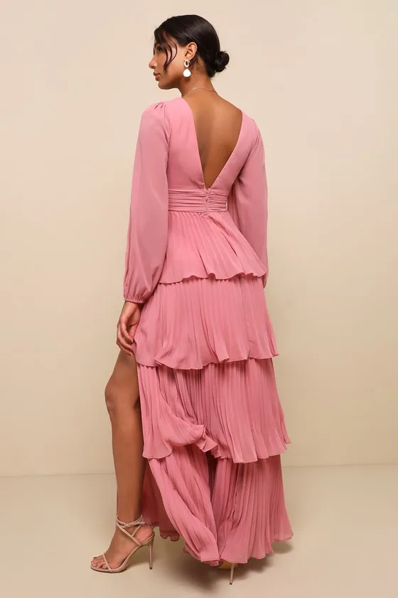 Graceful Finesse Dusty Rose Pleated Long Sleeve Maxi Dress sold by Lulus product image thumbnail 2