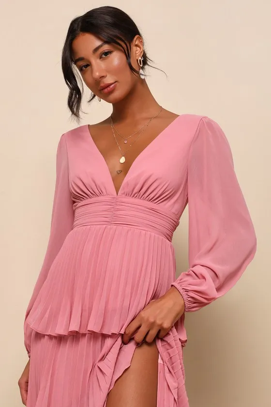 Graceful Finesse Dusty Rose Pleated Long Sleeve Maxi Dress sold by Lulus product image thumbnail 3