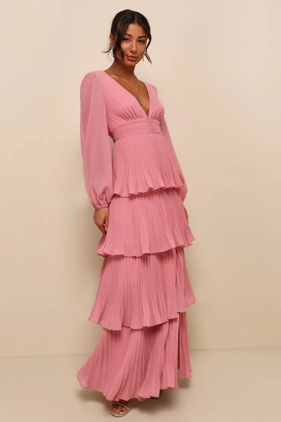 Graceful Finesse Dusty Rose Pleated Long Sleeve Maxi Dress sold by Lulus product image thumbnail 4