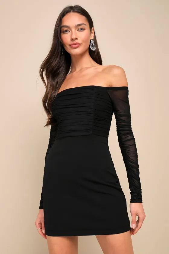 Elegant Eternity Black Mesh Ruched Off-the-Shoulder Mini Dress sold by Lulus
