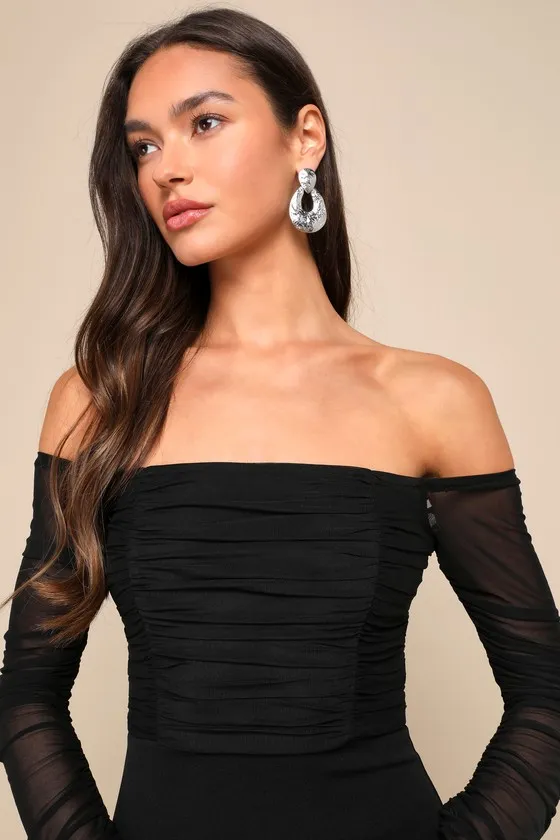 Elegant Eternity Black Mesh Ruched Off-the-Shoulder Mini Dress sold by Lulus product image thumbnail 2