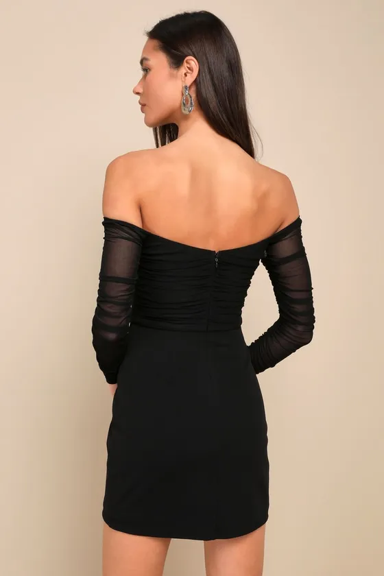 Elegant Eternity Black Mesh Ruched Off-the-Shoulder Mini Dress sold by Lulus product image thumbnail 3