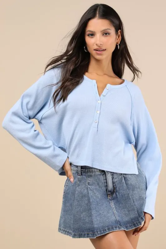 Everyday Comfy Light Blue Cropped Henley Top sold by Lulus