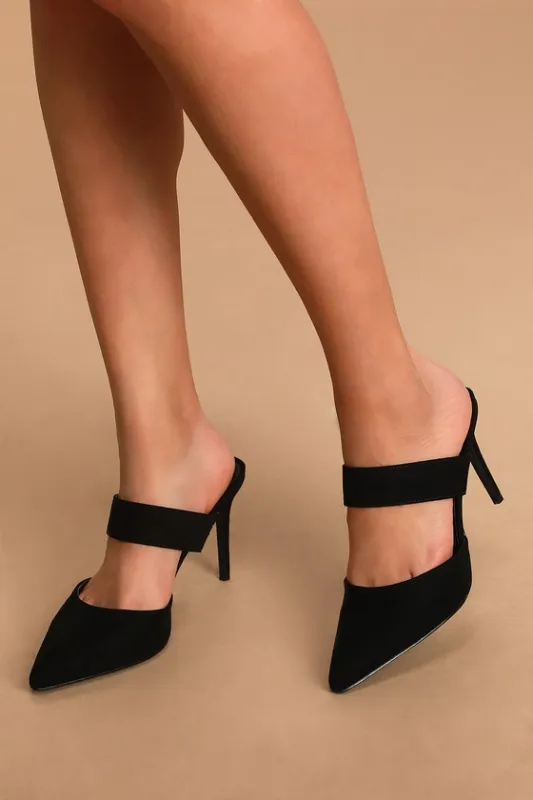Faire Black Suede Pointed-Toe Mules sold by Lulus