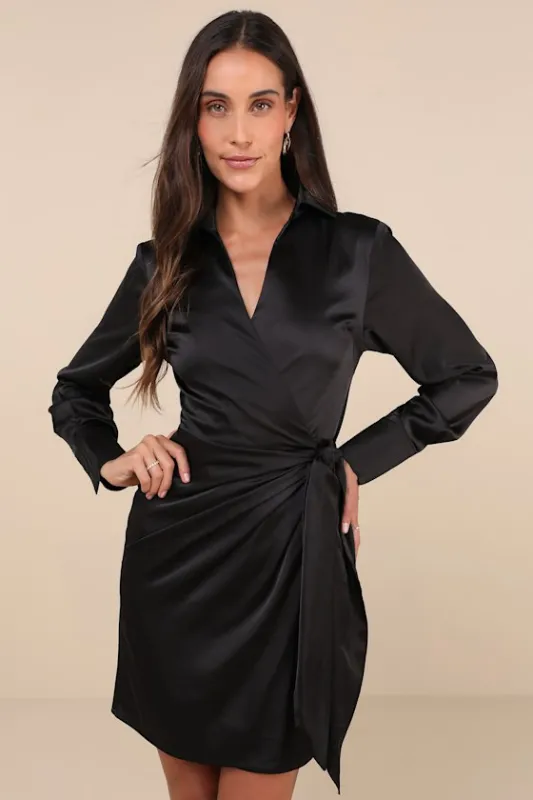Painterly Perfection Black Satin Wrap Mini Dress sold by Lulus