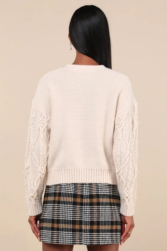 Demure Sweetheart Cream Cable Knit Pearl Cardigan Sweater sold by Lulus product image thumbnail 2