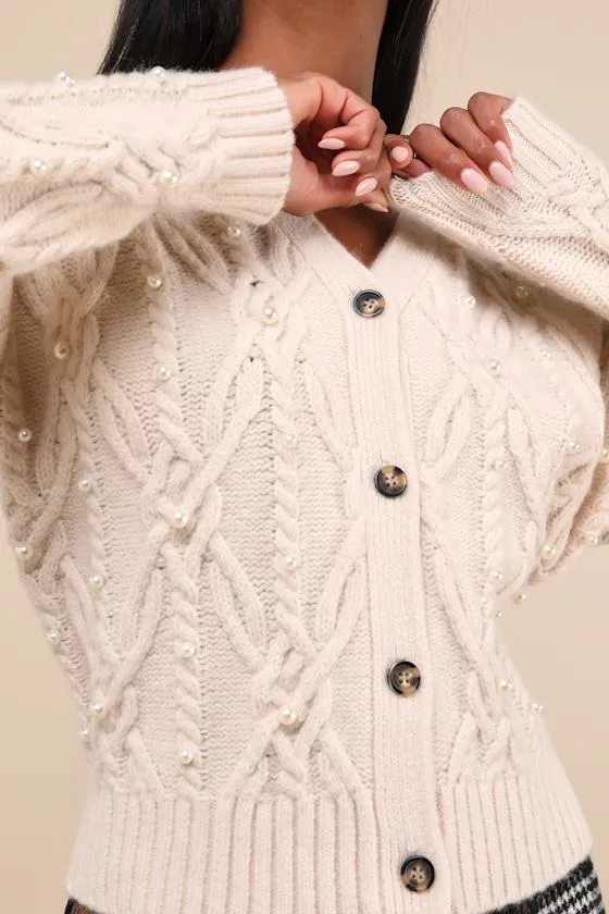 Demure Sweetheart Cream Cable Knit Pearl Cardigan Sweater sold by Lulus product image thumbnail 4