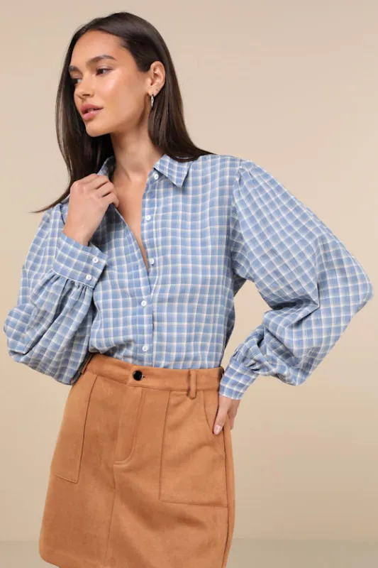 Charismatic Effect Blue Plaid Long Sleeve Button-Up Top sold by Lulus